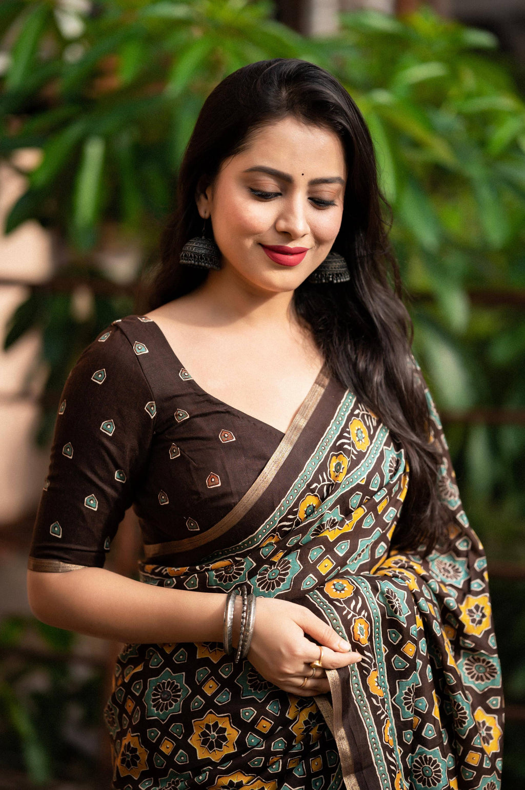 Coffee Cotton Blend Ajrak Saree with Unstitched Blouse Piece