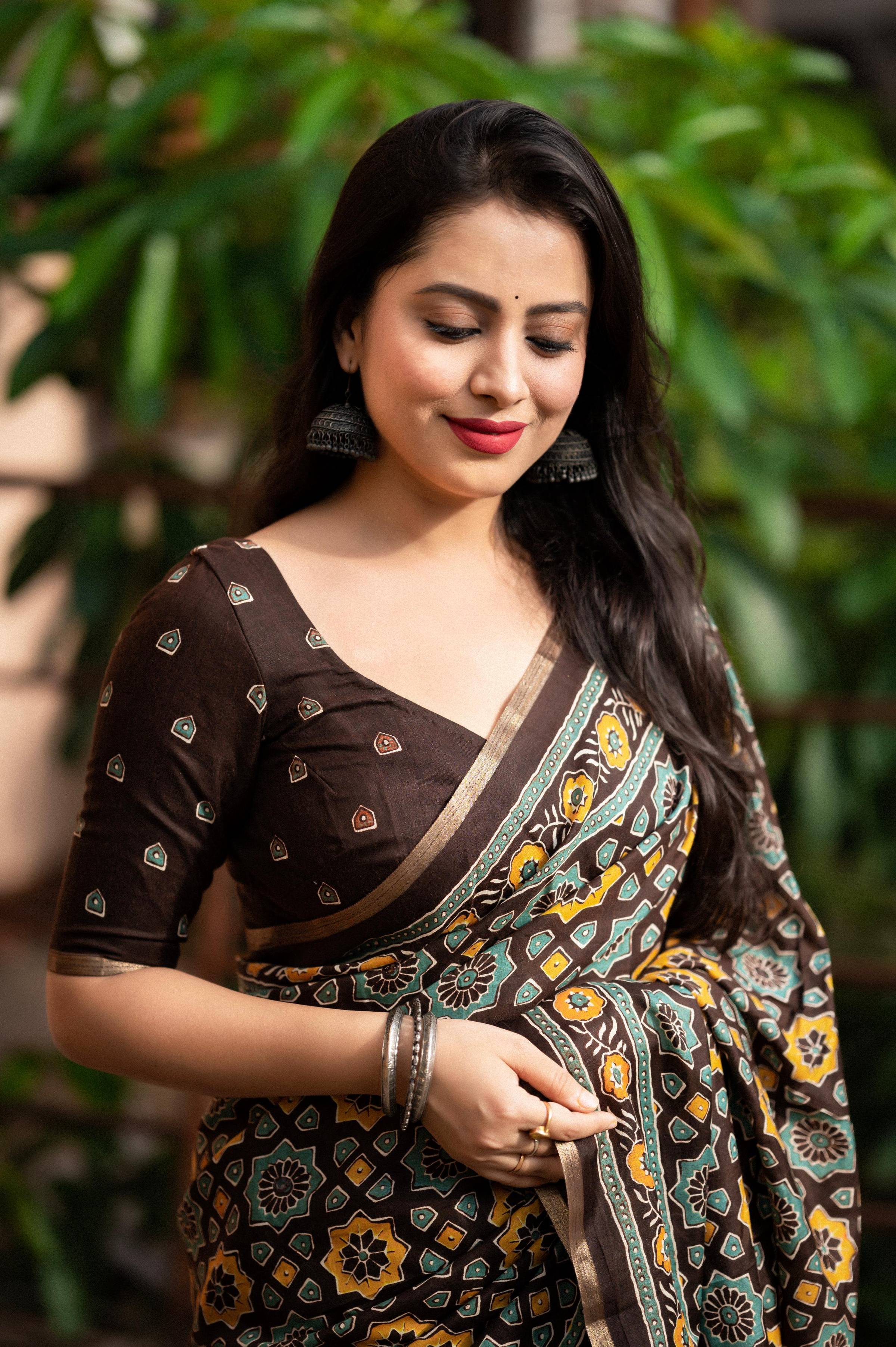 Coffee Cotton Blend Ajrak Saree with Unstitched Blouse Piece