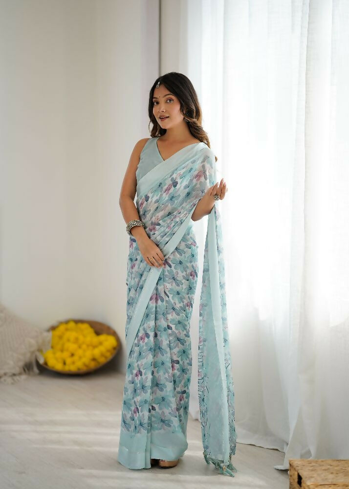 PR Fashion Sky_Blue Bright Moss Satin Patta Printed Saree