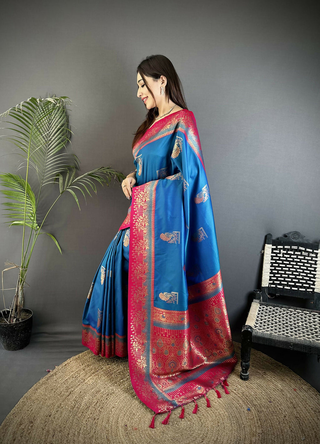 Royal Blue Banarasi Soft Silk Saree with Peacock Butta Work