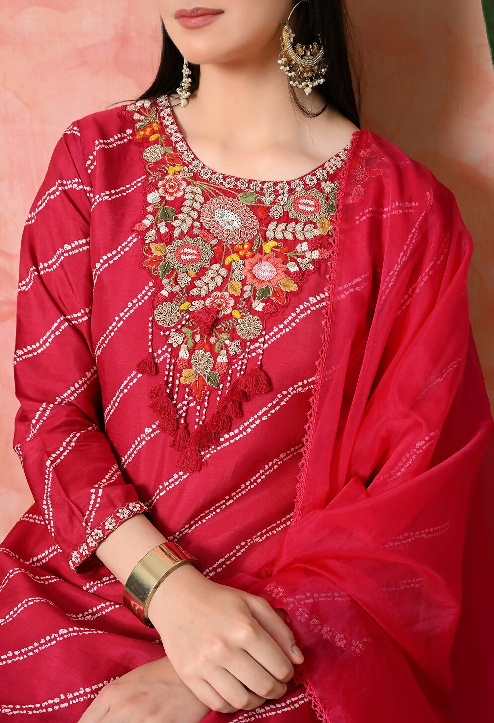 Rani Premium Pure Viscose Dola Silk Printed Kurta Set with Handwork