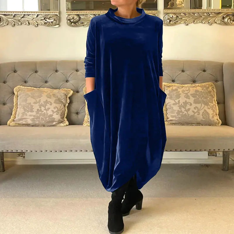 New Women's Long Sleeve Solid Color Round Neck Dress