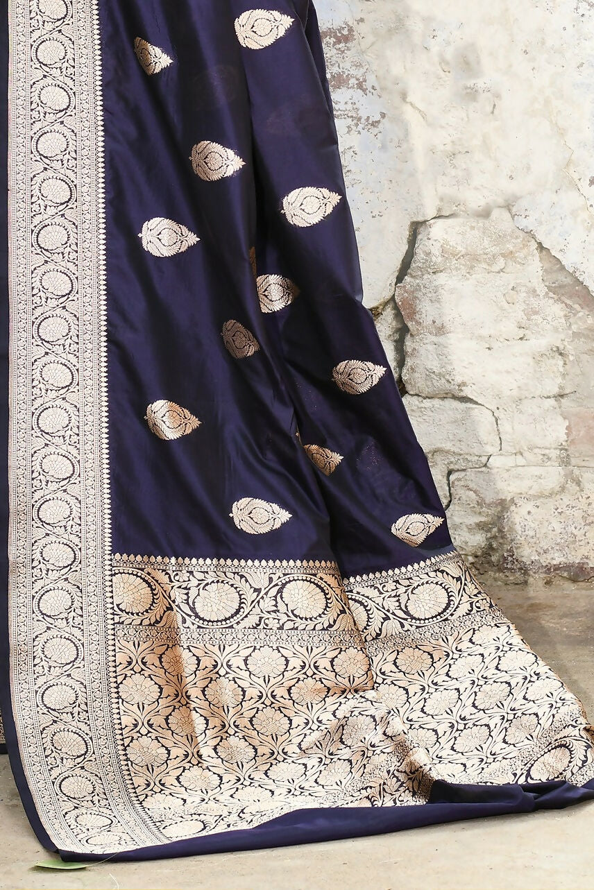 Navy Blue Pure Katan Handloom Banarasi Silk Saree