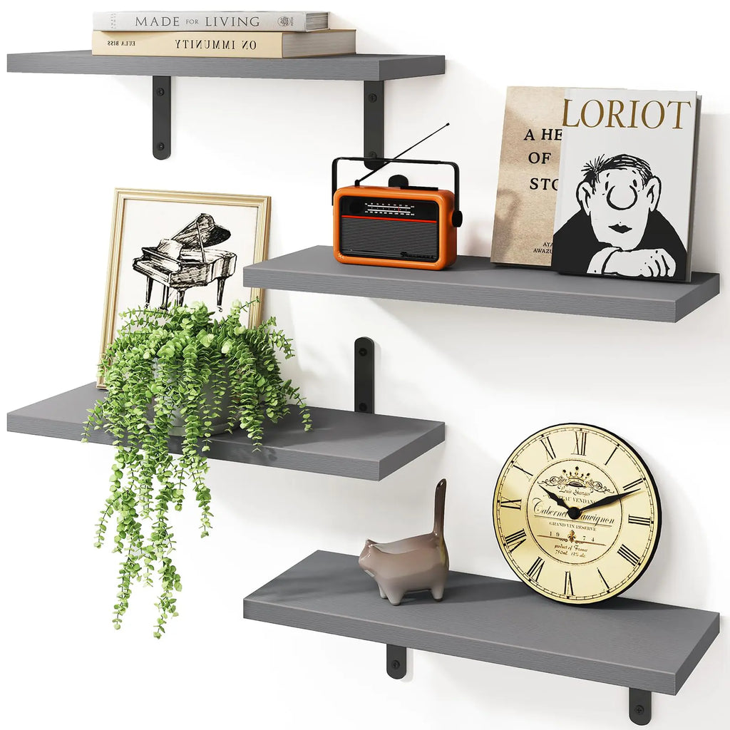 Fixwal Grey Floating Shelves for Wall 4 Sets Wood Shelves Farmhouse Wall Shelf Wall Mounted Floating Shelves for Bedroom Decor Bathroom Storage Book Shelf for Wall - Grey