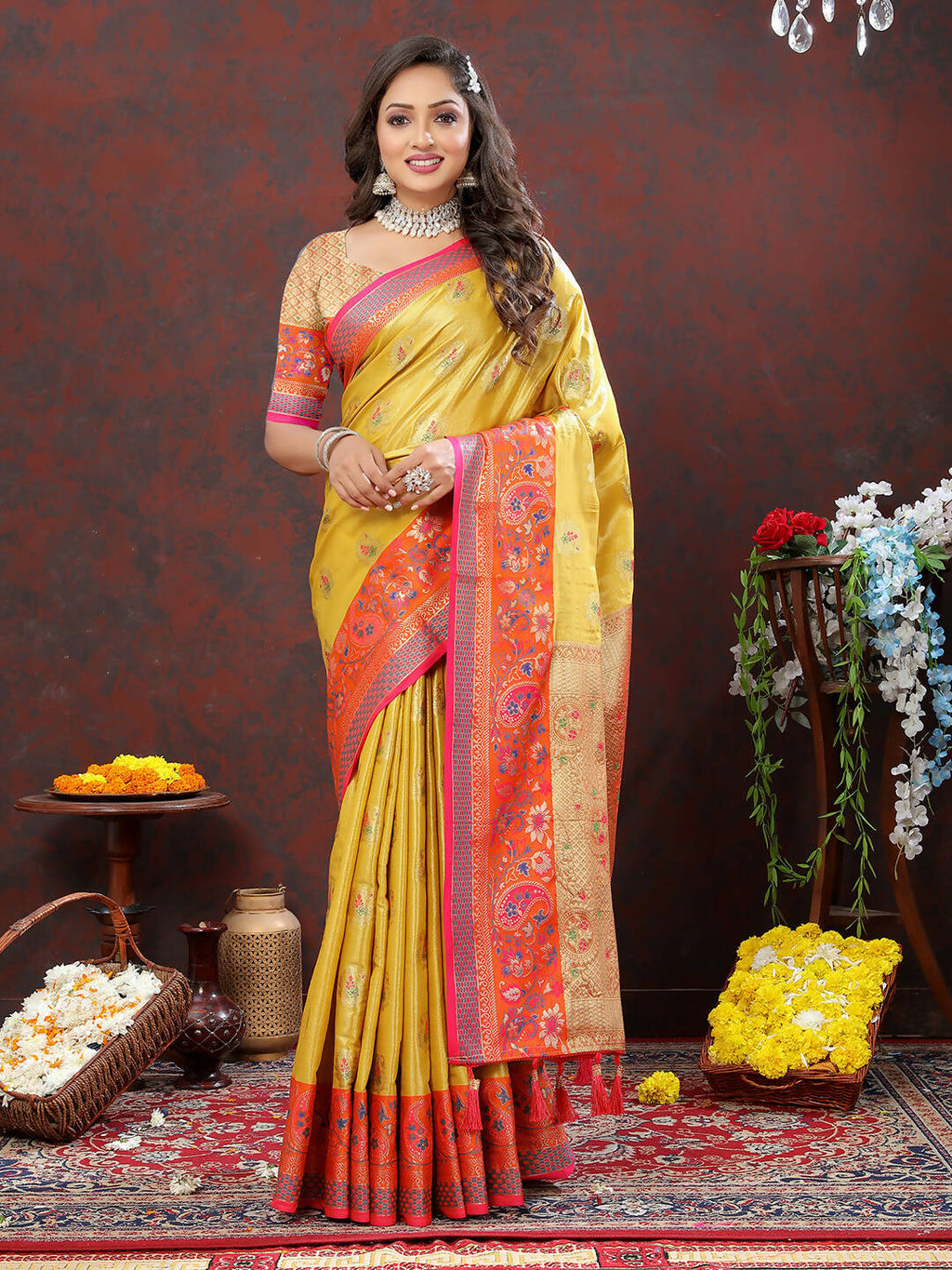 Yellow Kanjivaram Silk Saree with Elegant Zari Weaving