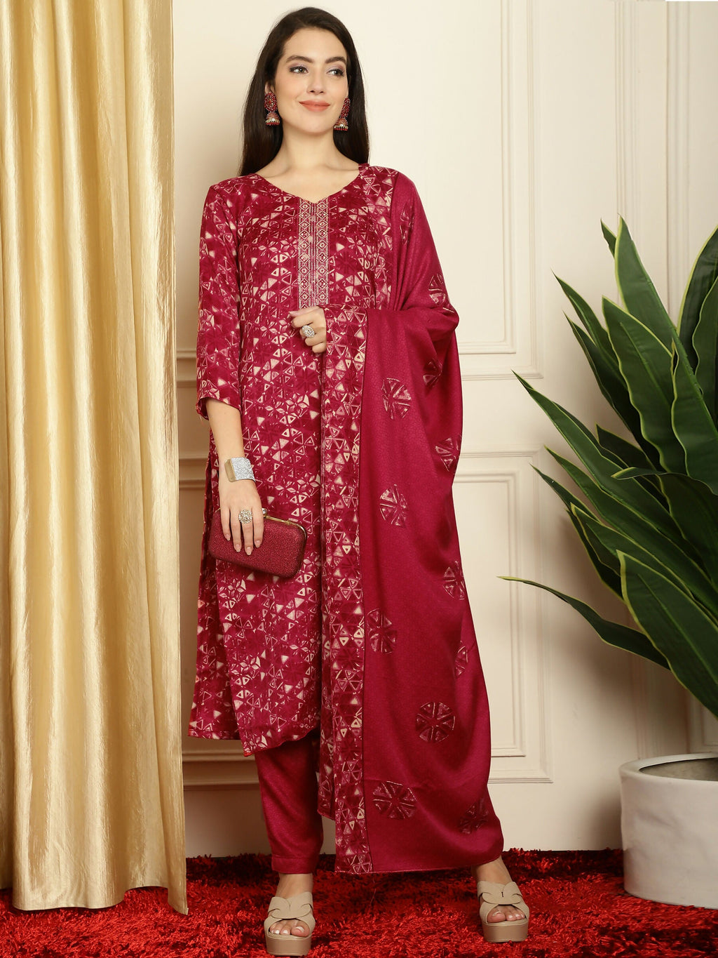 Women's Red Pashmina Straight Kurta Set with Digital Floral Print