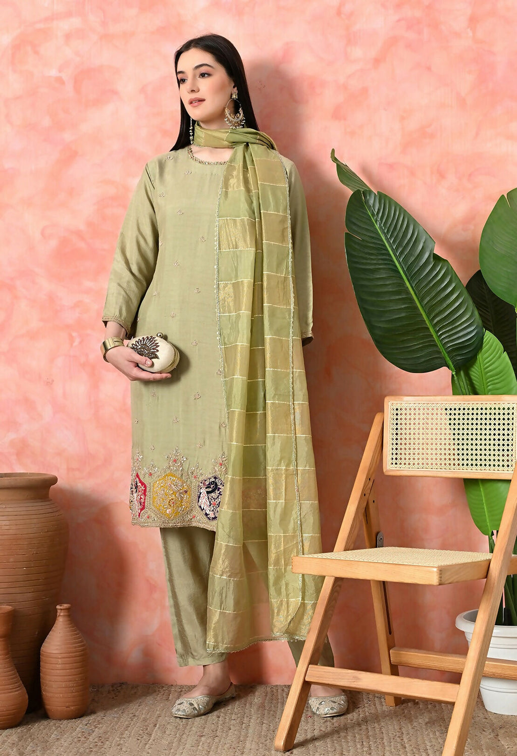Light Green Pure Viscose Dola Kurta Set with Handwork and Organza