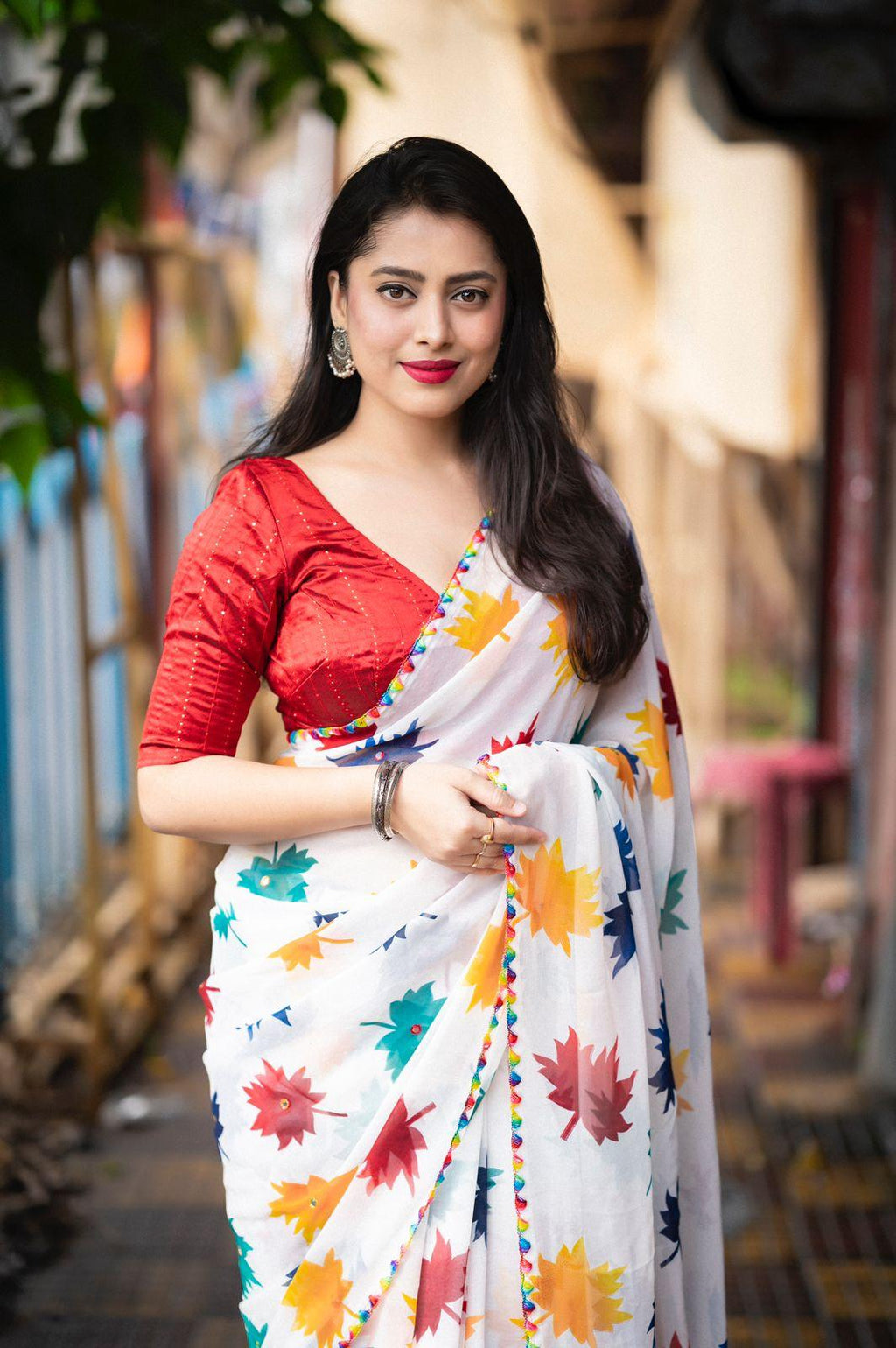 White Poly Georgette Floral Saree with Aari Mirror Work Border
