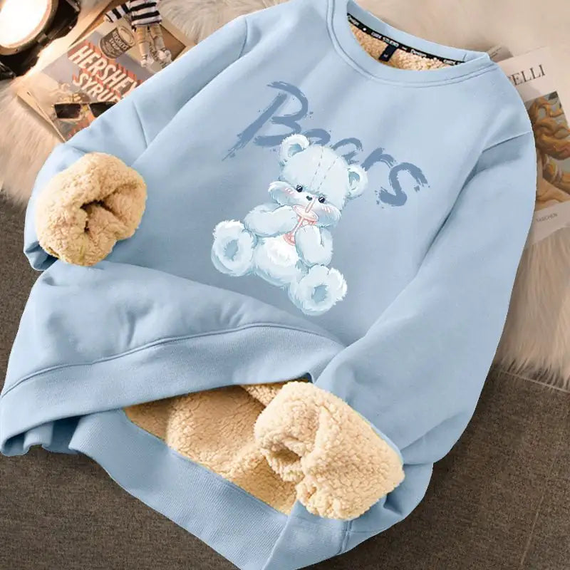 Women's Cream Fleece Lined Graphic Sweater with Cute Bear Print - Image 30
