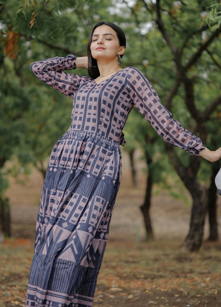 Women's Navy Blue Pure Chanderi Digital Print Anarkali Dress