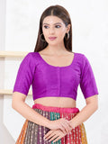 Elegant purple Dupion silk blouse with round neck and elbow-length sleeves, front view