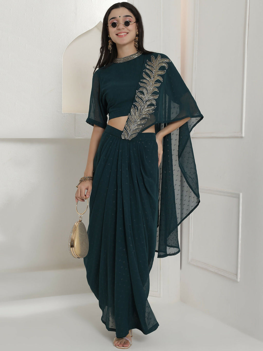 Green Georgette Drape Skirt Set with Hand Embellishment