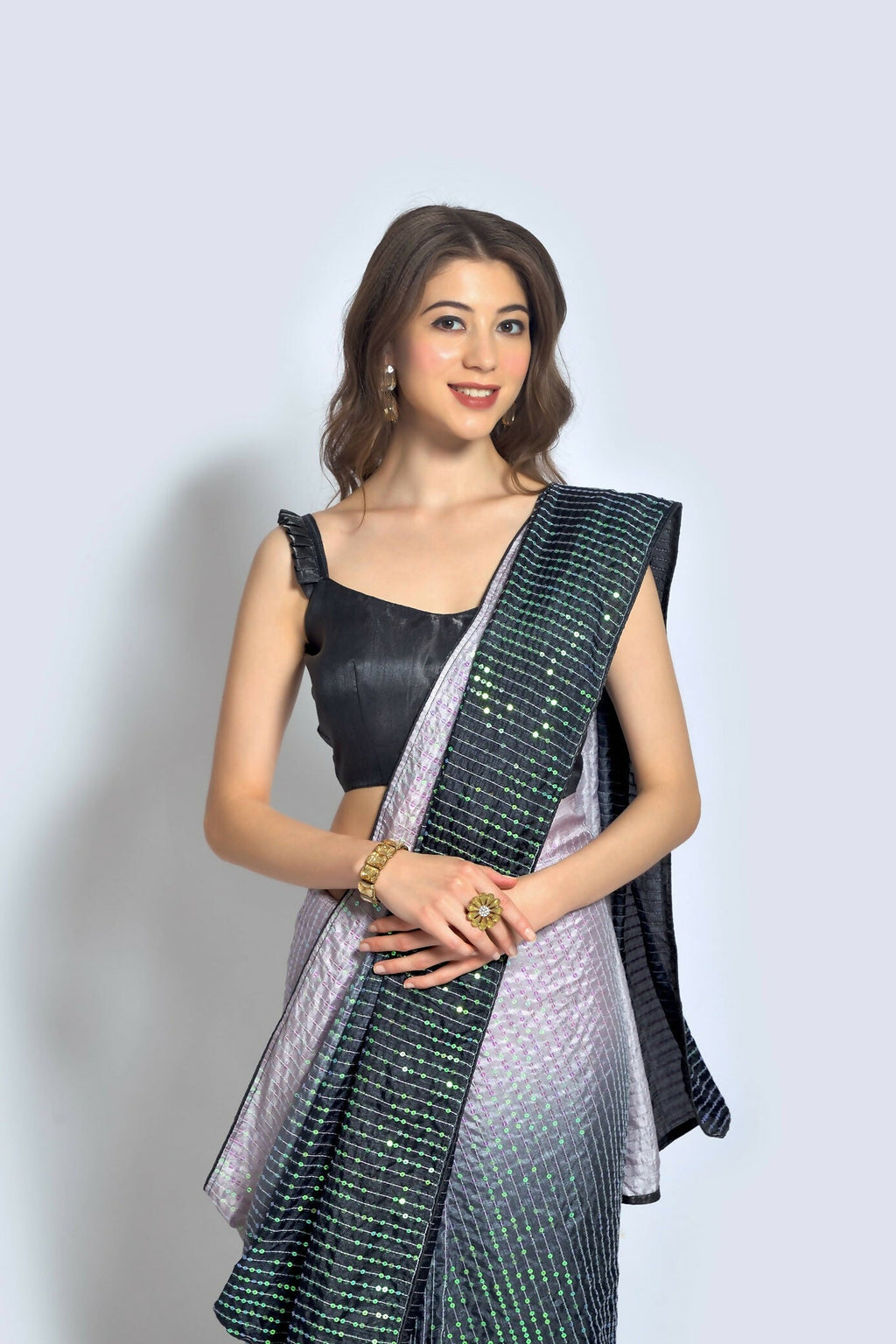 Grey Vichitra Silk Embroidered Party Wear Saree