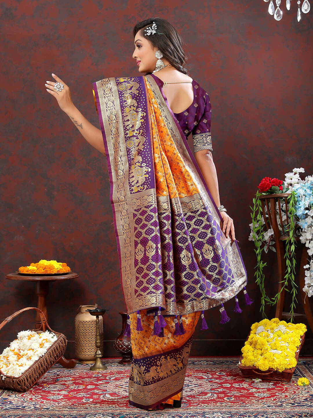 Orange & Wine Patola Silk Saree with Traditional Meenakari Work