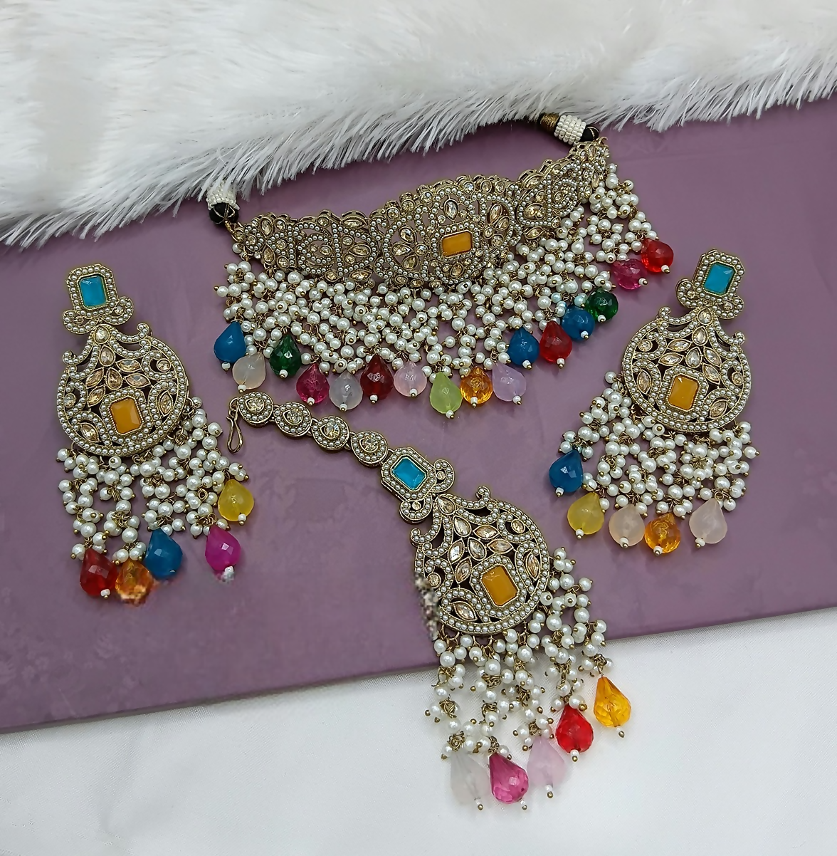 Bohemian style multi-color alloy choker necklace set