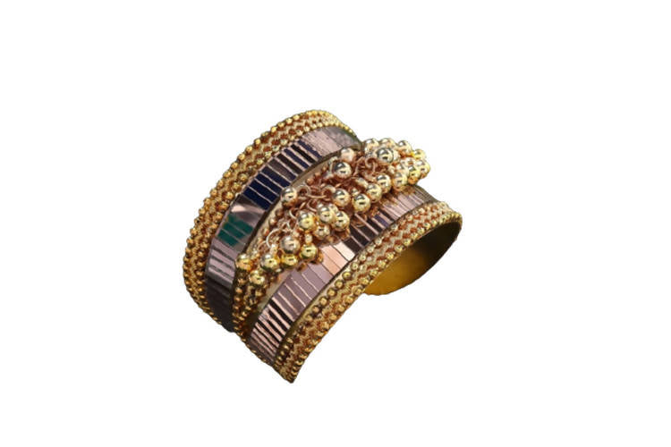 Gold-polished oxidised cuff bracelet featuring mirror detailing and ghungroos