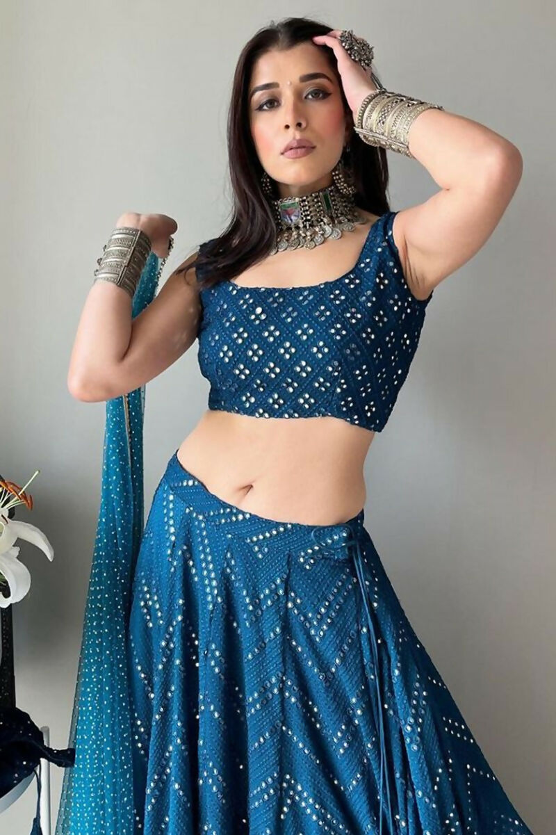 Blue Georgette Lehenga Choli with 3MM Sequins and Thread Embroidery