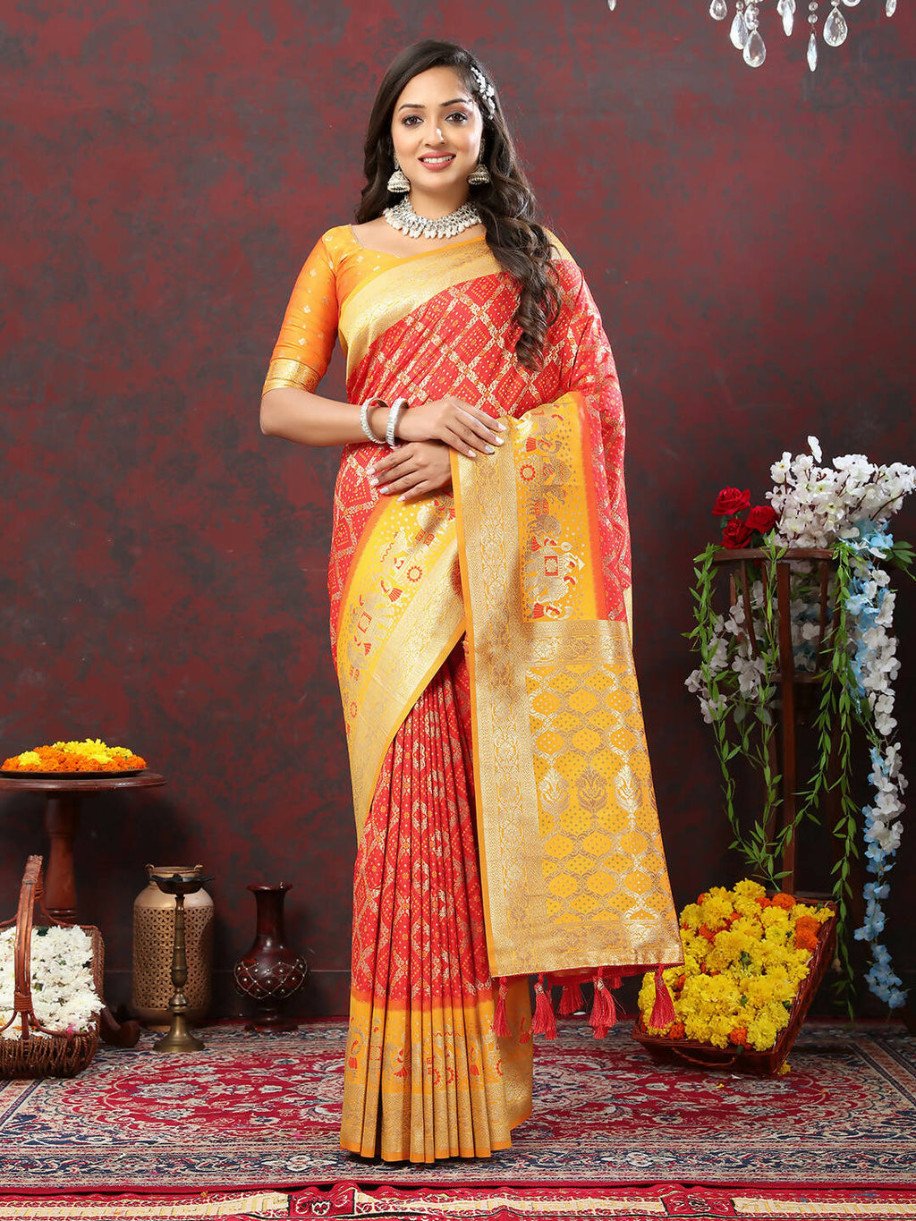 Red & Yellow Patola Silk Saree with Traditional Meenakari Weaving