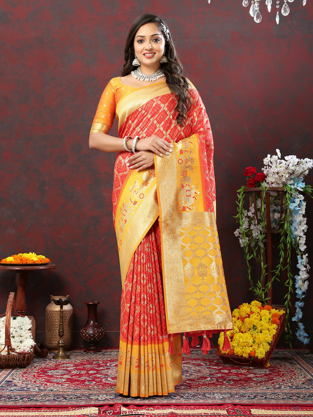 Red & Yellow Patola Silk Saree with Traditional Meenakari Weaving