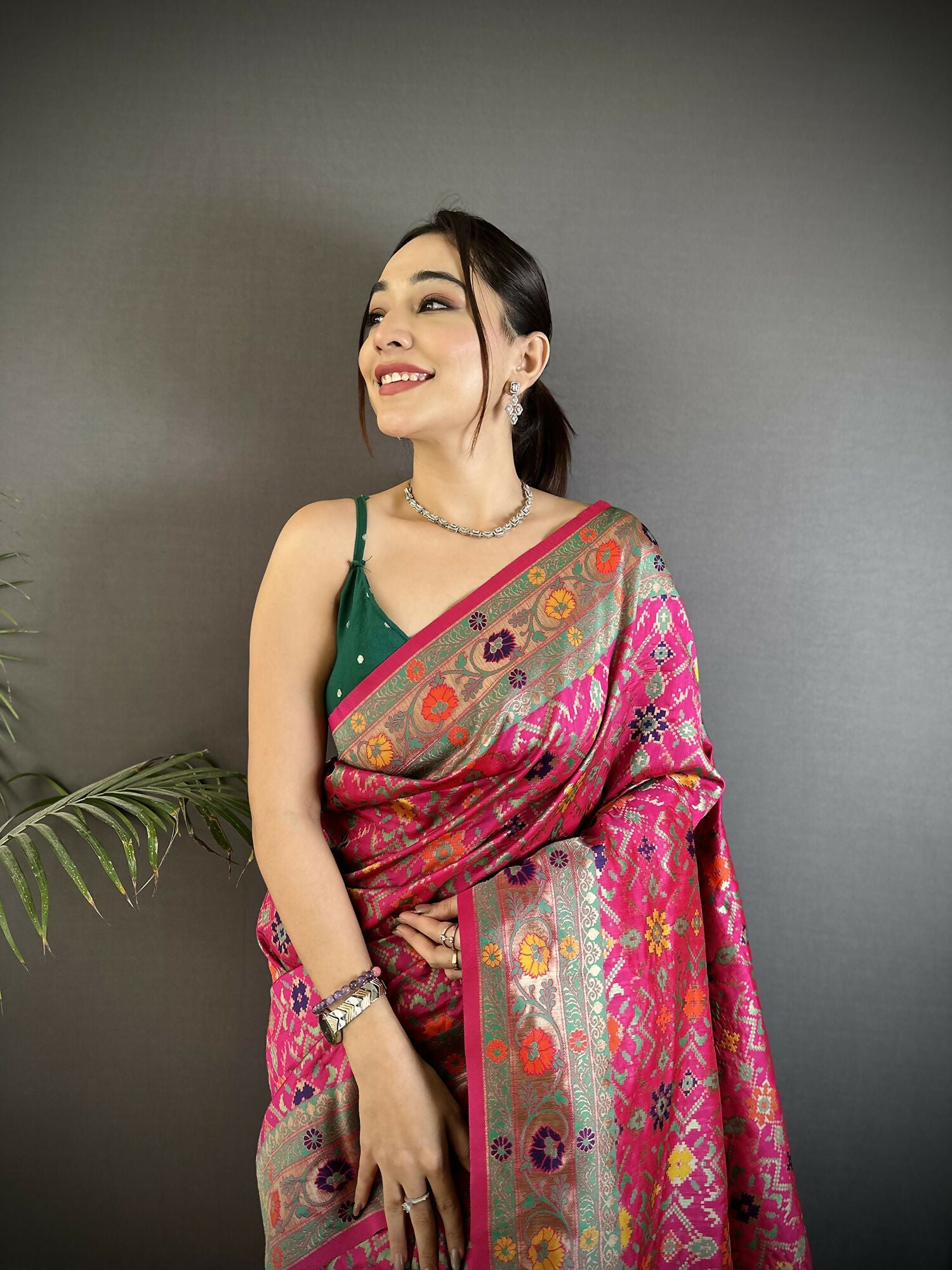 Hot Pink Banarasi Soft Silk Saree with Woven Details