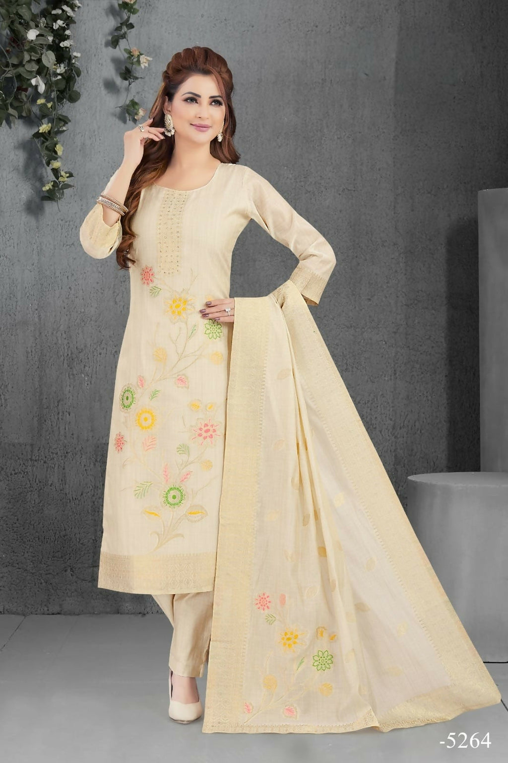 Classic beige silk 3-piece kurta set featuring a comfortable cotton lining and matching dupatta.