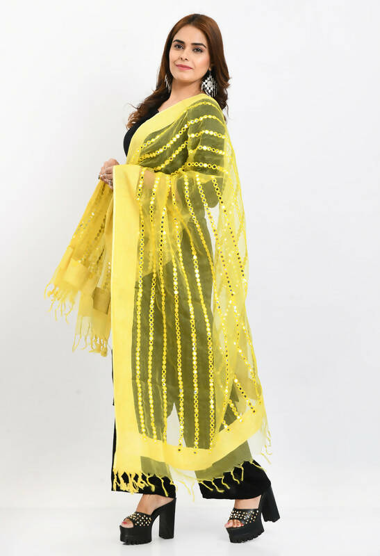 Lemon Yellow Organza Dupatta with Mirror Stripe Thread Work