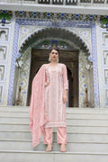 Pink faux georgette straight kurta featuring detailed heavy embroidery and moti work