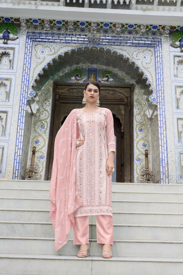 Pink faux georgette straight kurta featuring detailed heavy embroidery and moti work