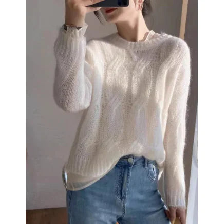 Women's Light Blue Hollow Knit Pullover Sweater Long Sleeve Top - Image 4