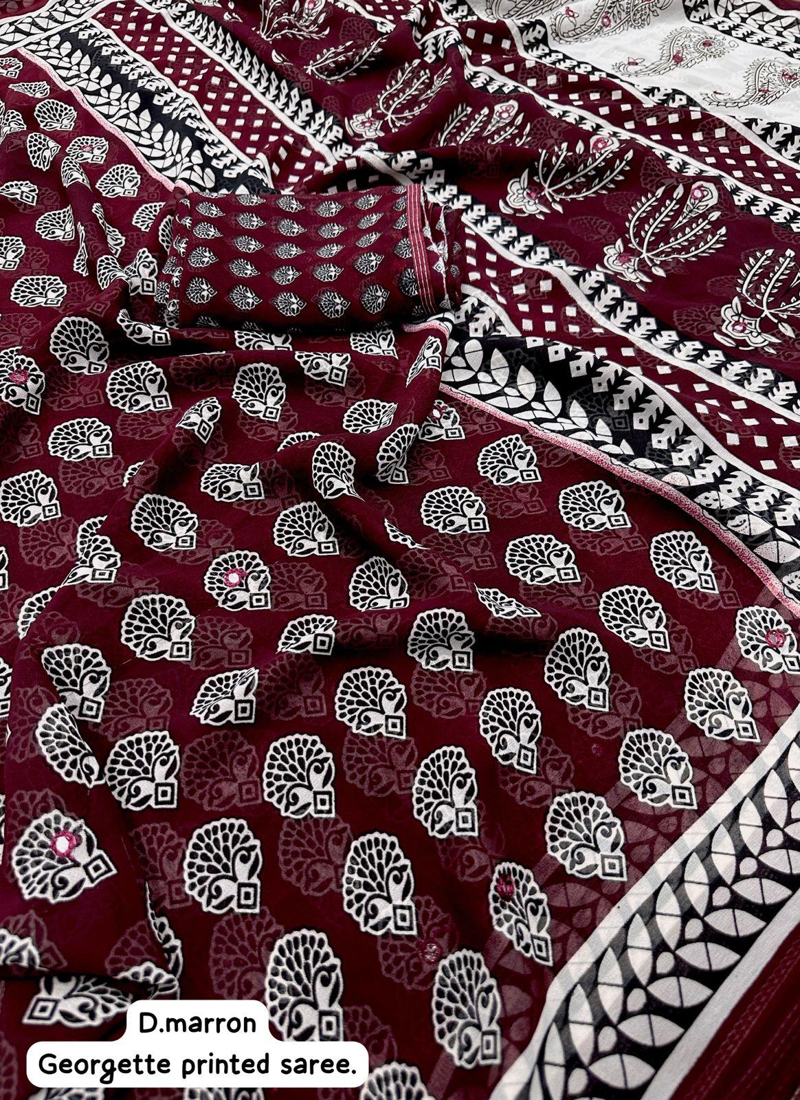 Maroon Poly Georgette Ajrak Saree with Aari Mirror Work