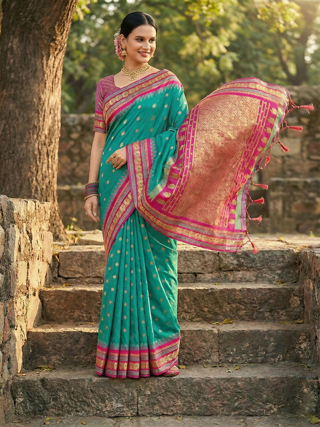 Sea Green Soft Silk Saree with Matching Blouse Piece