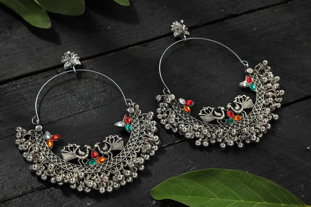 Peacock Design Chandbali Earrings in Silver and Multicolor