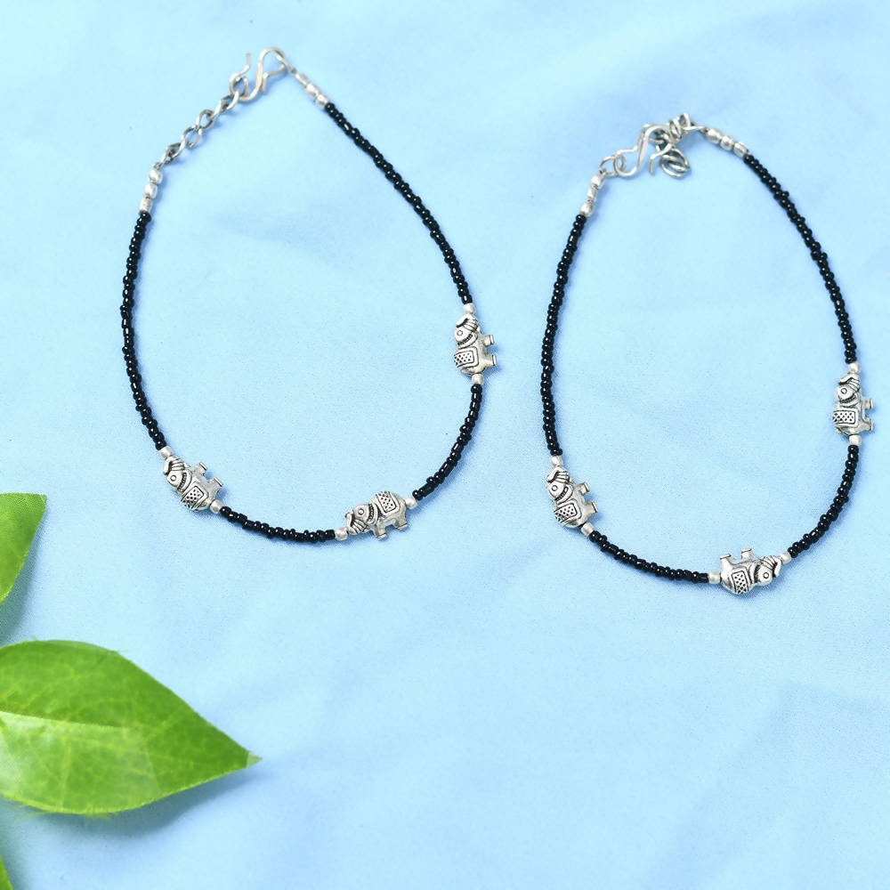 Oxidised Silver Elephant Design Traditional Anklets