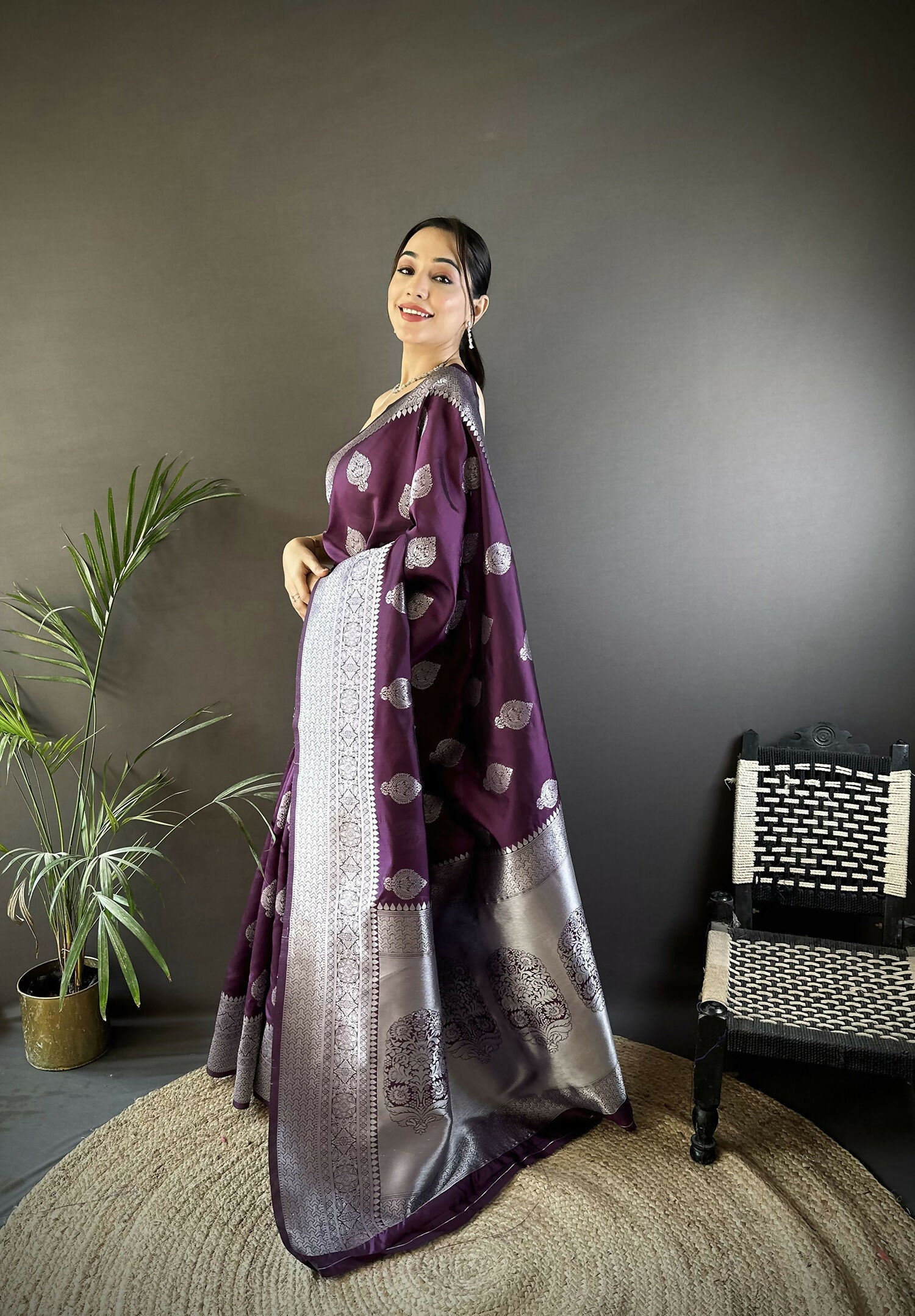 Wine Floral Motif Soft Silk Banarasi Saree with Matching Blouse