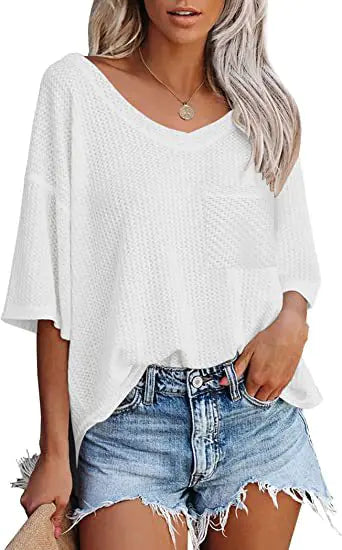 Women's Pink Waffle Knit V-Neck Short Sleeve Casual Loose Shirt - Image 14