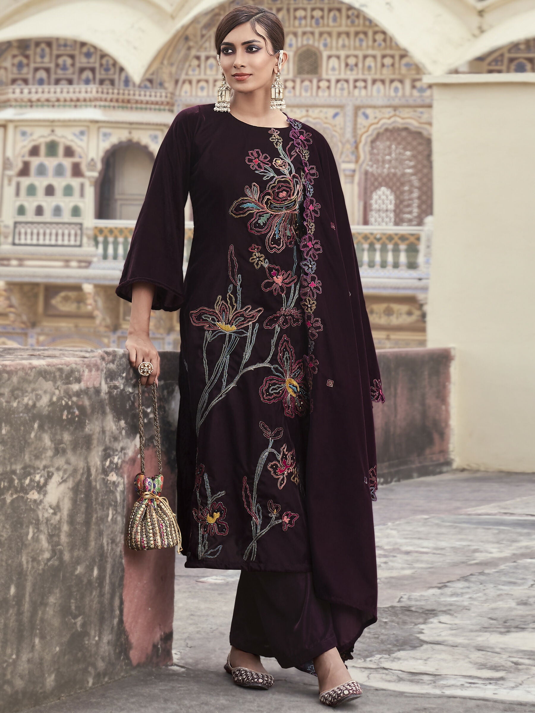Wine Velvet Straight Kurta Set with Resham Thread, Jari and Sequins
