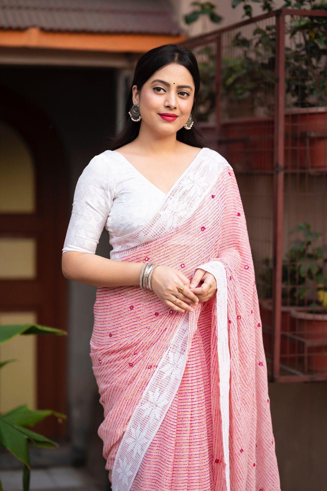 Pink Poly Georgette Ethnic Motif Saree with Mango Design Blouse