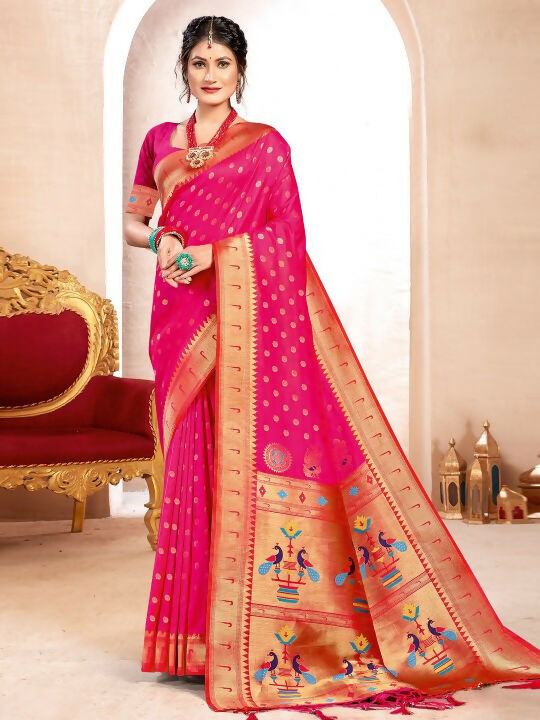 Vibrant magenta Paithani silk saree featuring a matching blouse piece
