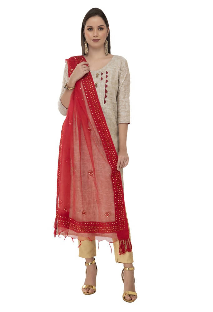 Red Orgenza Nug Embroidery Dupatta - Luxury Festive Drape
