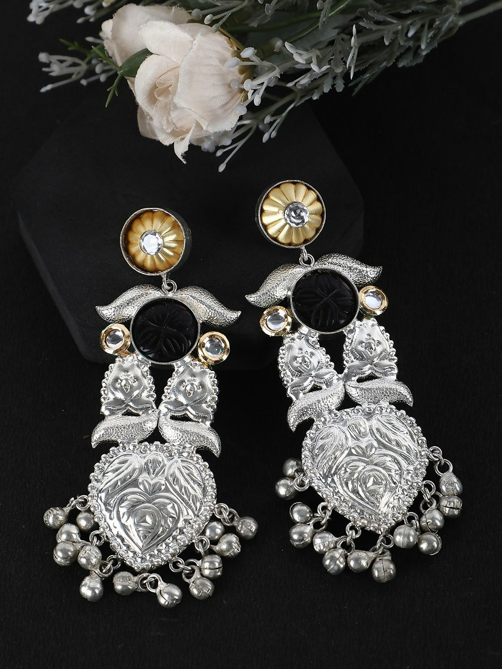 Long Pattern Silver Tone Earrings with Spark Stones