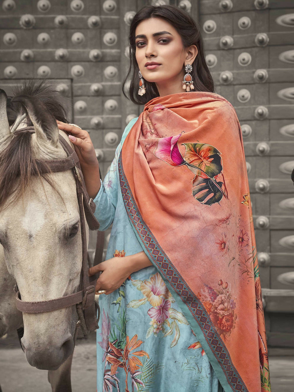 Sky Blue Velvet Floral Digital Printed Kurta with Palazzo Set