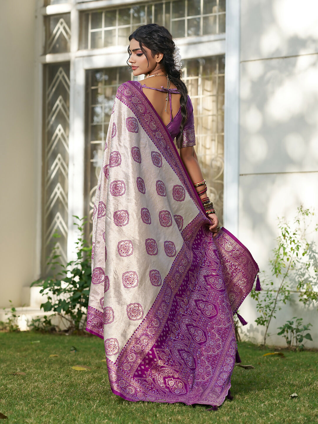 Cream and Purple Silk Blend Saree Elegant Traditional Style