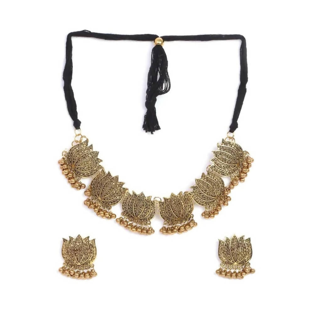 Golden oxidised lotus design choker necklace set for women and girls