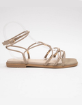 Macy Gladiator Sandal in Taupe featuring gold tip hardware on a strappy silhouette
