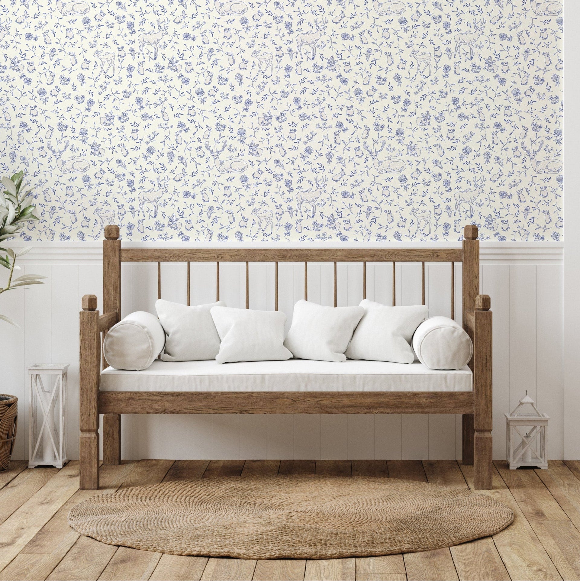 Madge traditional white and blue wallpaper pattern