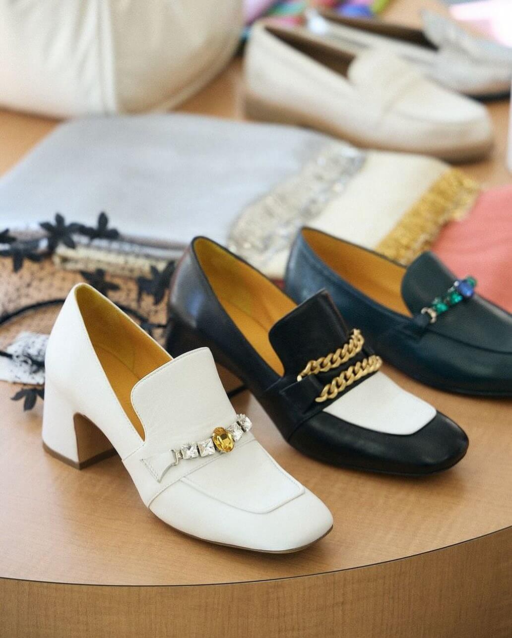 White Leather Mid Heel Loafers with Jeweled Accent - Image 5