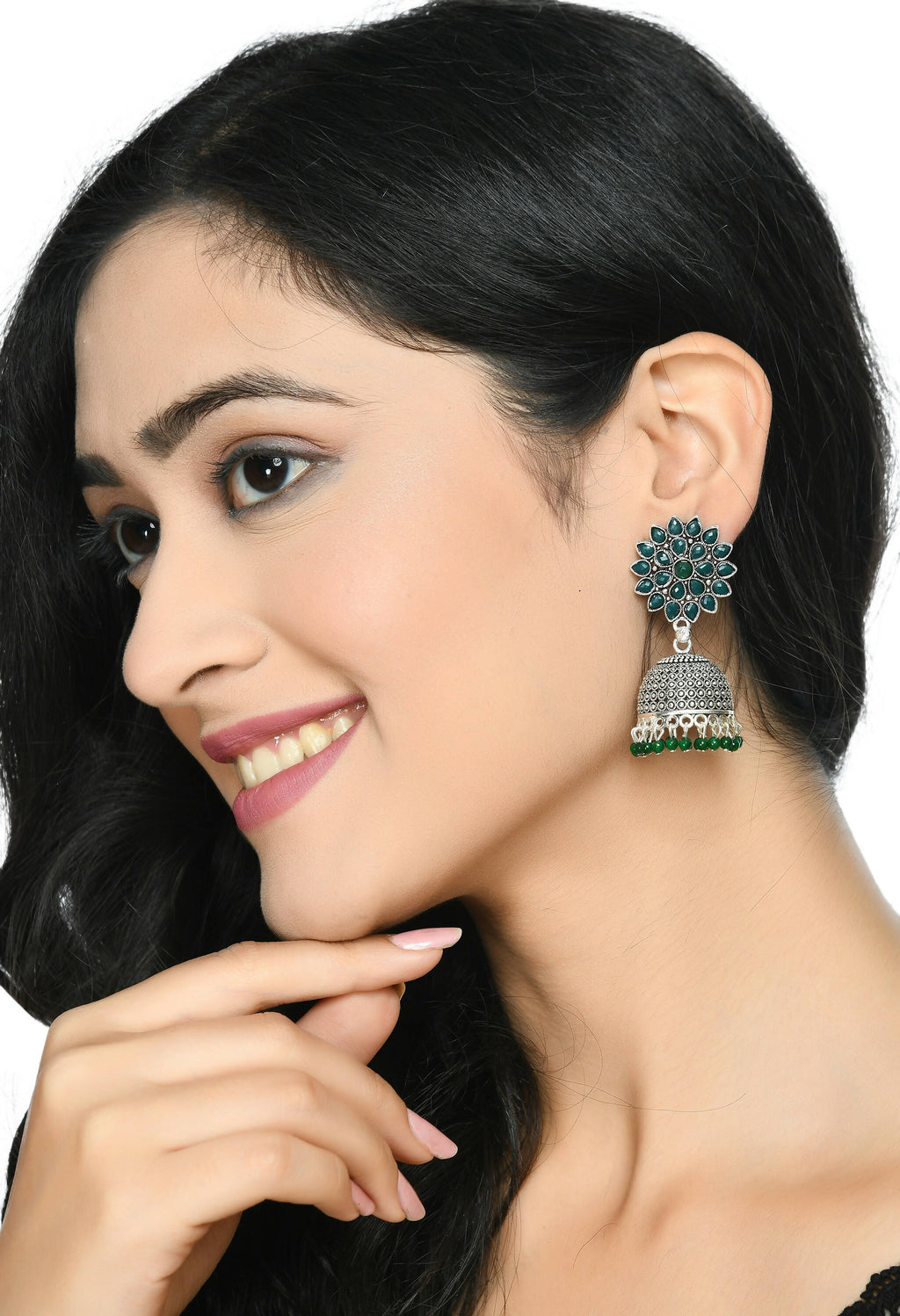 Joharkamal Kundan Jhumka Earrings with Green Beads, Silver-Plated