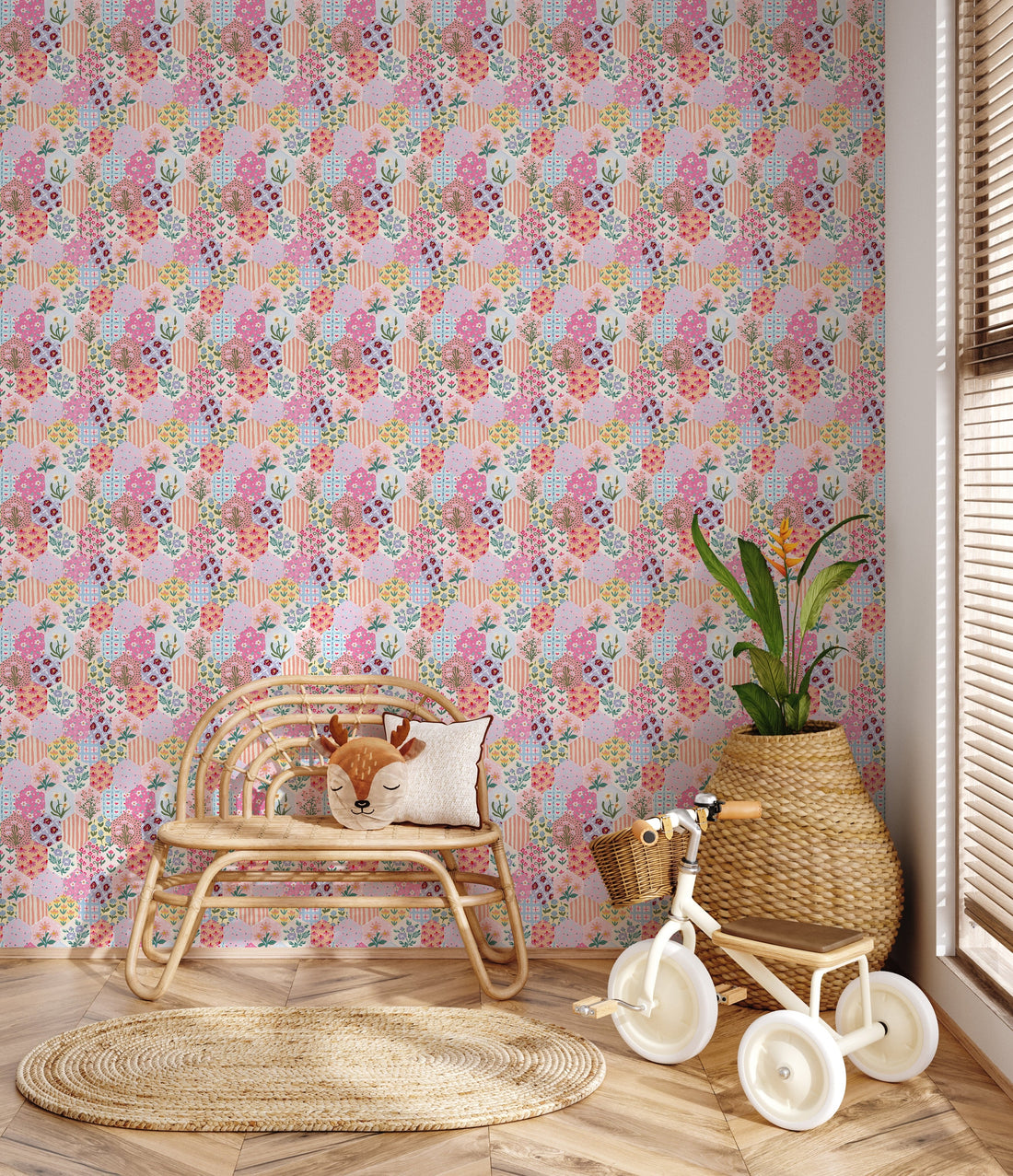 Maelia Geometric Removable Wallpaper in Pink, Yellow & Blue