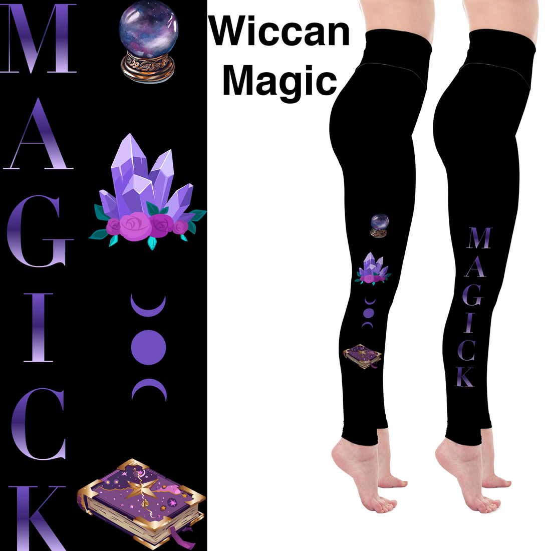 Model wearing black Wiccan Magick leggings with crystal ball, spellbook, and Triple Moon symbols, featuring side pockets.