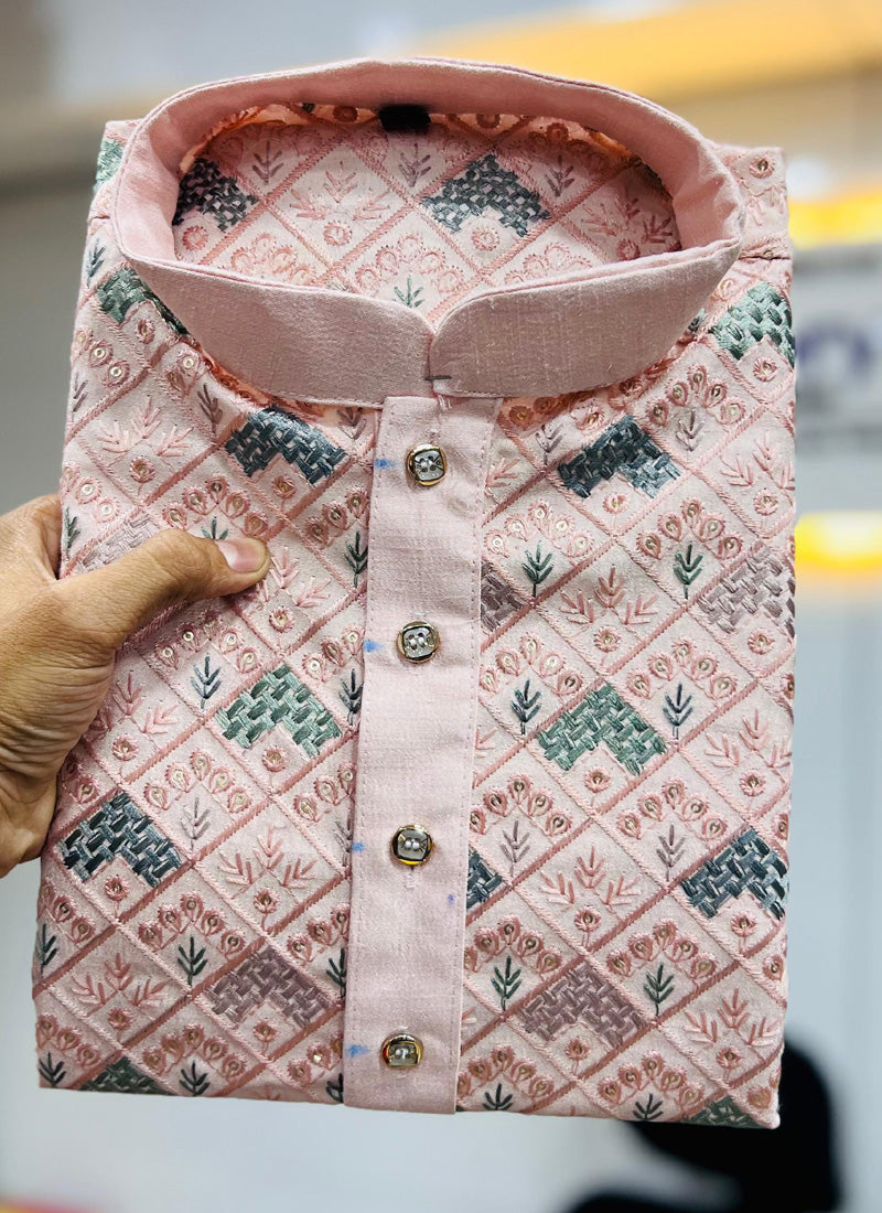 Boys Baby Pink Italian Silk Embroidered Kurta and Pajama